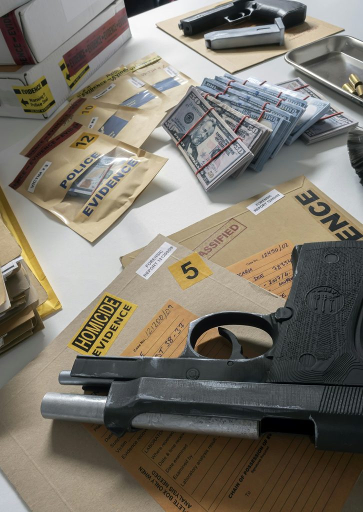 Money and weapons in crime lab for investigation, conceptual image